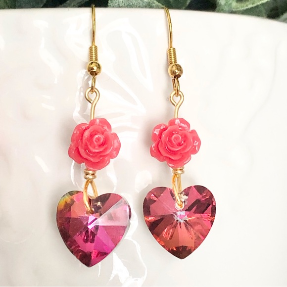New Rose Prism Glass Crystal Heart Handmade Dangle Drop Earrings 18k Plated Hook - Picture 7 of 7
